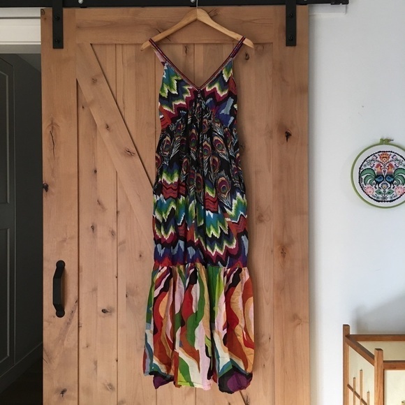 Multicolored Peacock Print Sleeveless Maxi Dress Size L - Picture 1 of 5